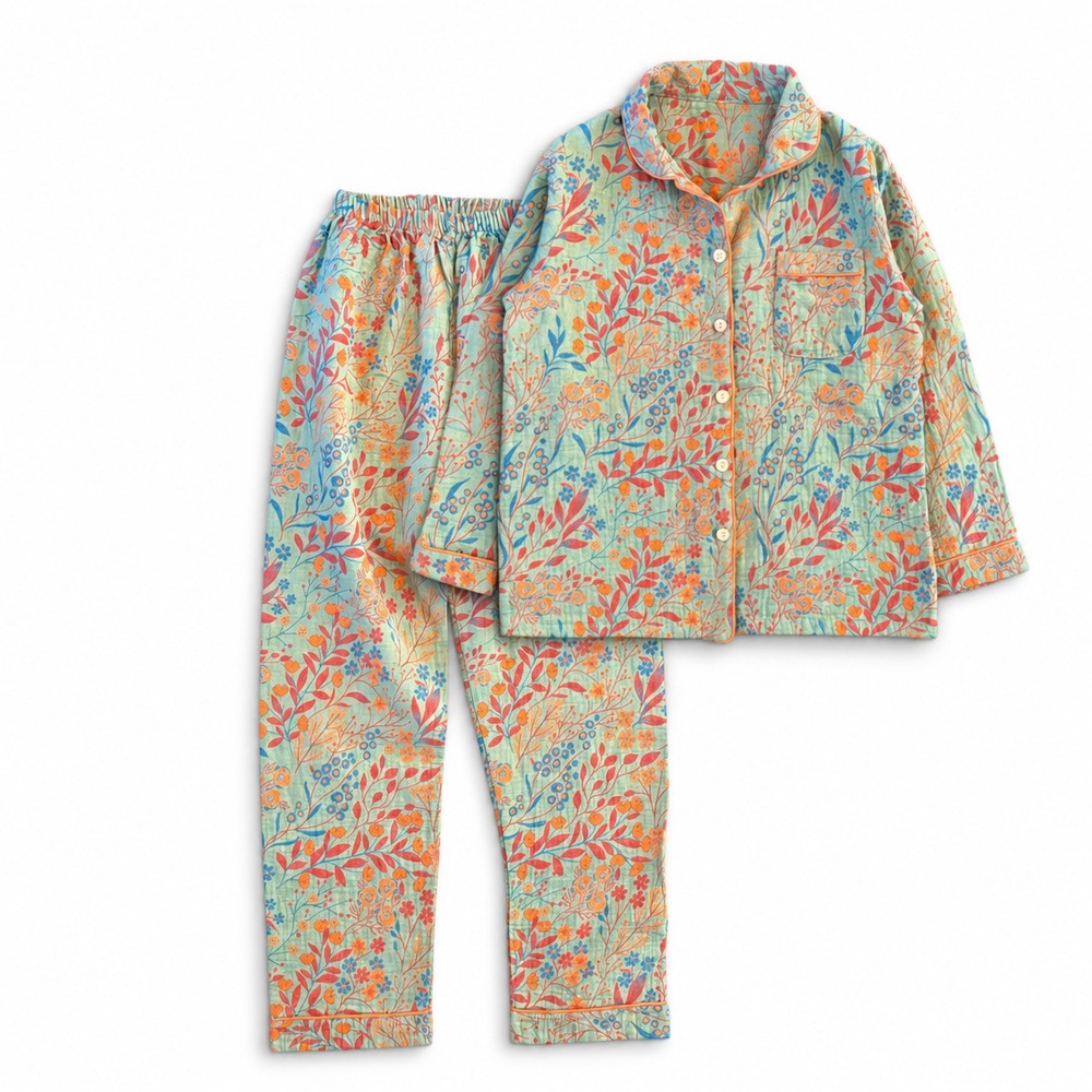Vintage Style Green Floral Pajama Set S Textured Gauze Long Sleeve Pants Cottage